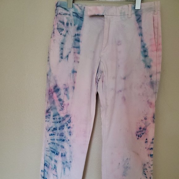 Men's Painted tie dyed cotton beach pants white blue purple pink Polo med 32 30